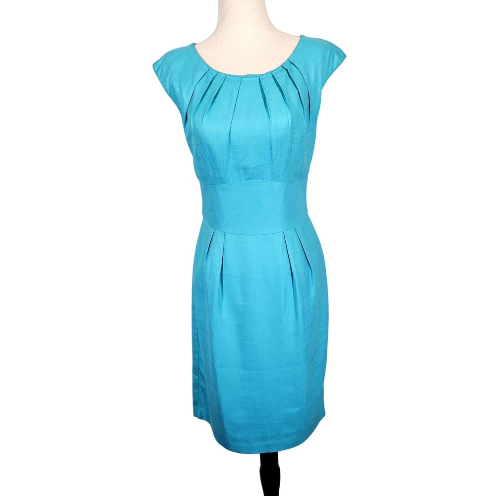 Trina Turk Dress Womens Size 4 Blue Sheath Pleated Cap Sleeve Fitted Elegant‎